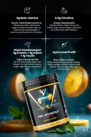 Vitalest Pre Workout 468G. 26 Servis LİMON